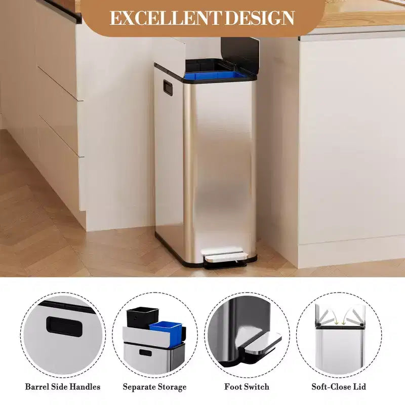 COZONY Stainless Steel Dual Trash Can with Step Lid, Removable Baskets, Kitchen Recycling Bin for Home Office Waste Management
