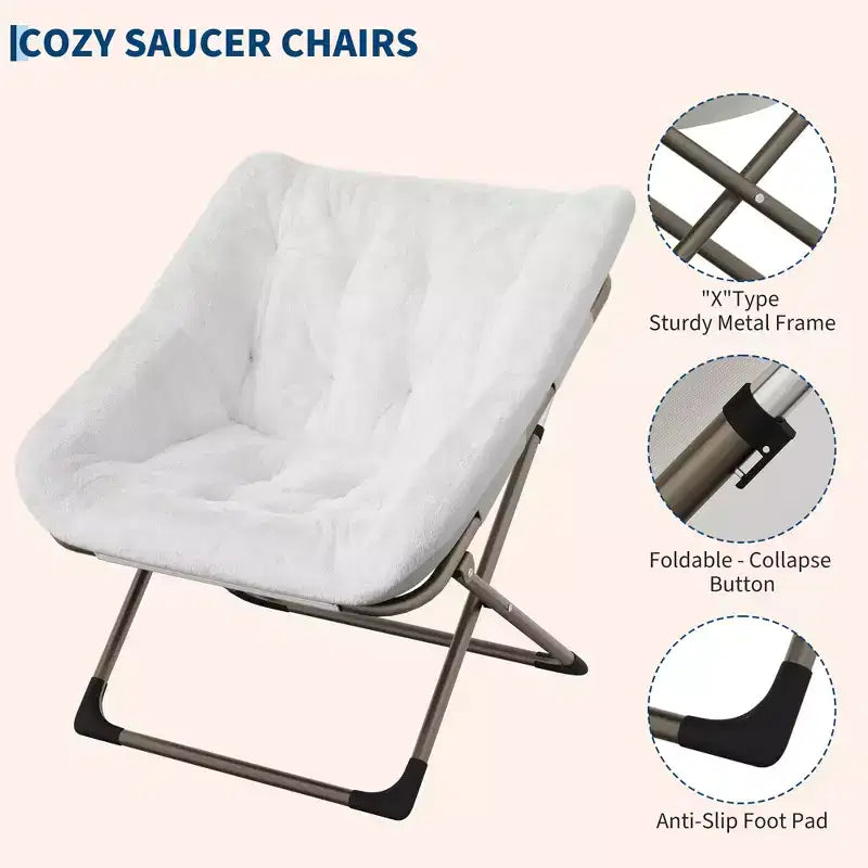Rabbit Fur Saucer Chair, Folding Comfy Lounge Chair with Metal Frame, for Bedroom, Dorm, Living Room