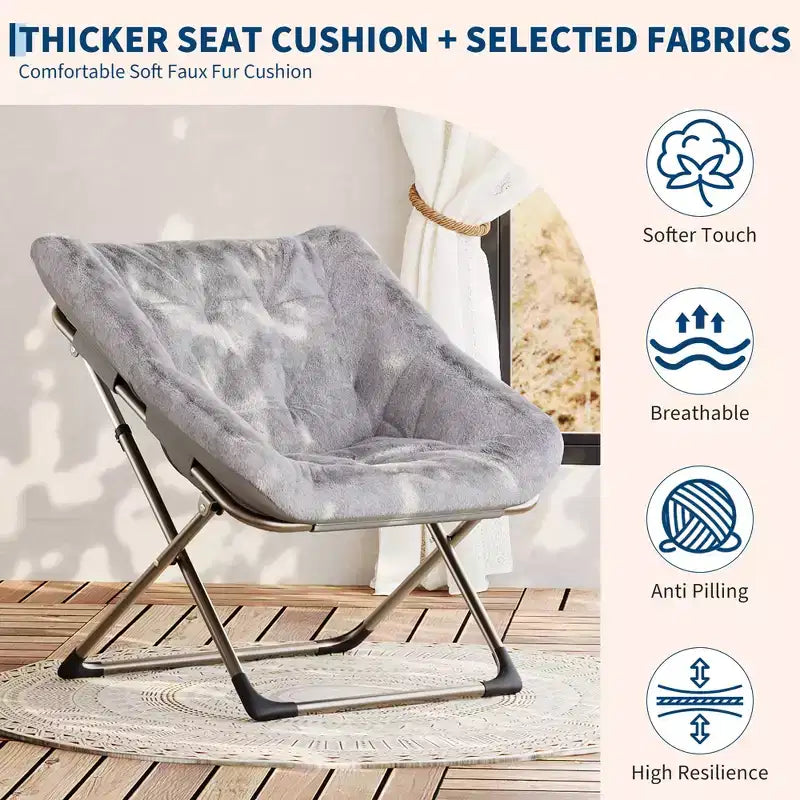 Rabbit Fur Saucer Chair, Folding Comfy Lounge Chair with Metal Frame, for Bedroom, Dorm, Living Room