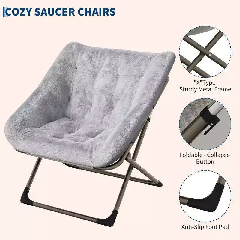 Rabbit Fur Saucer Chair, Folding Comfy Lounge Chair with Metal Frame, for Bedroom, Dorm, Living Room