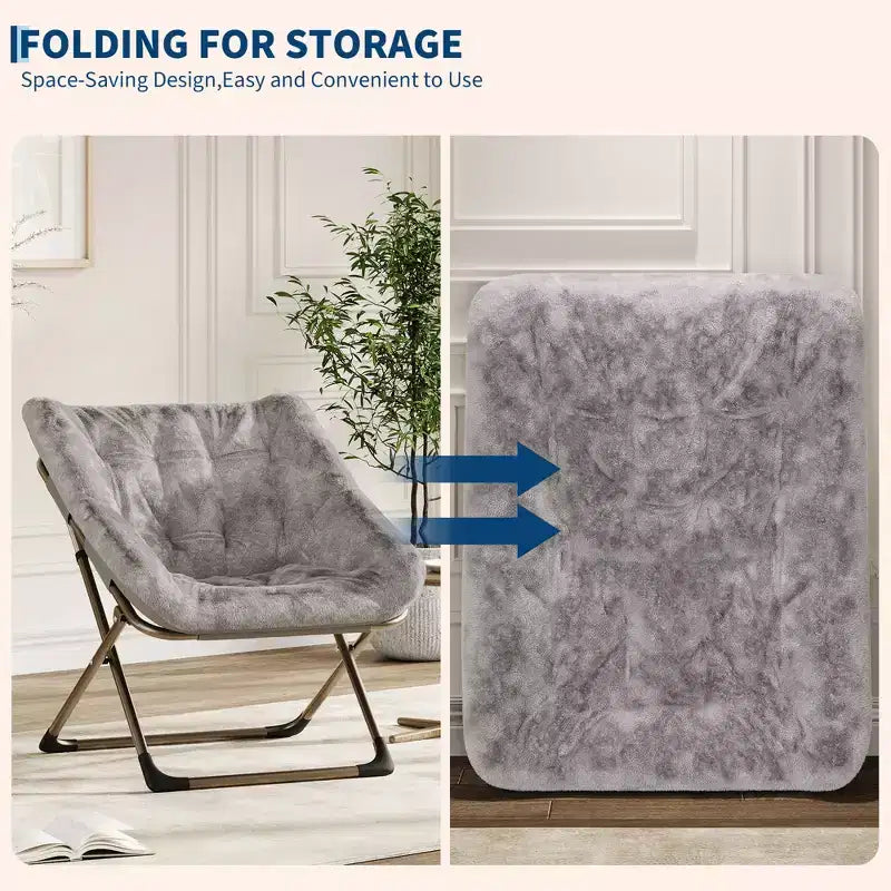 Rabbit Fur Saucer Chair, Folding Comfy Lounge Chair with Metal Frame, for Bedroom, Dorm, Living Room