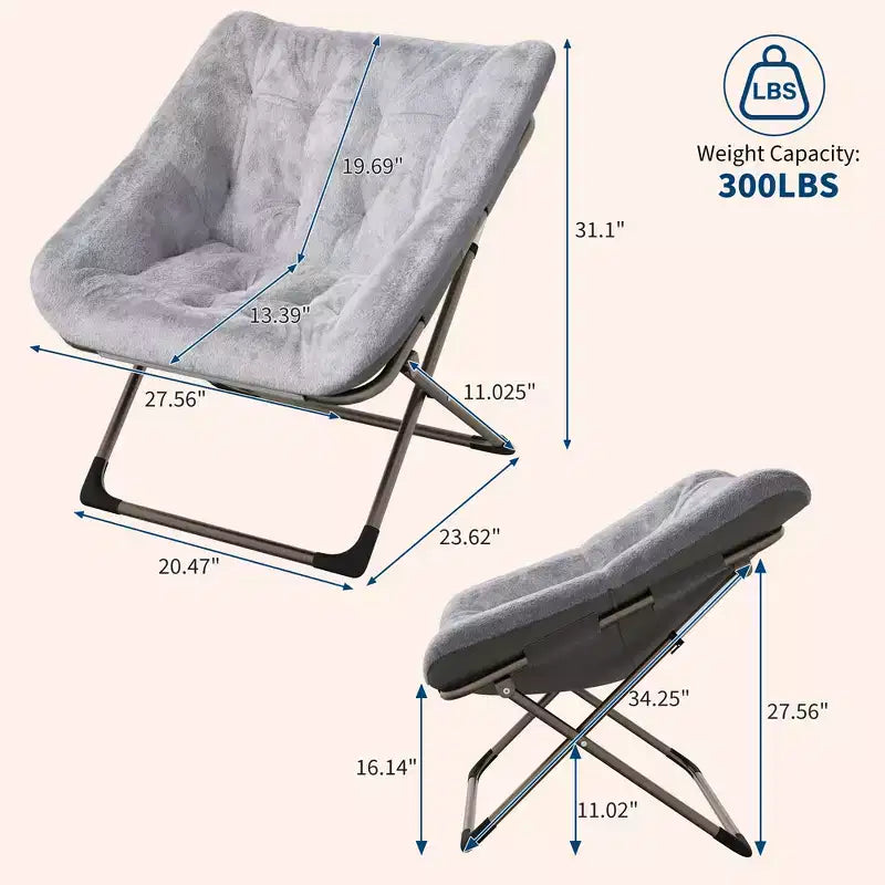 Rabbit Fur Saucer Chair, Folding Comfy Lounge Chair with Metal Frame, for Bedroom, Dorm, Living Room