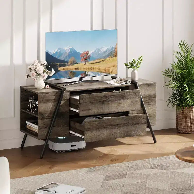 47 in TV Stand for 50-65 in TVs, Entertainment Center with 2 Drawers, Adjustable Shelves & U-Shaped Metal Legs, Modern Wooden TV Console
