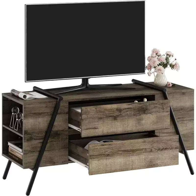 47 in TV Stand for 50-65 in TVs, Entertainment Center with 2 Drawers, Adjustable Shelves & U-Shaped Metal Legs, Modern Wooden TV Console