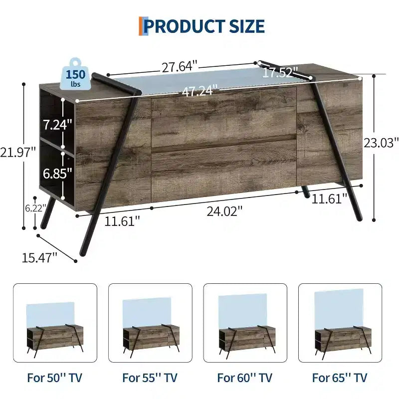 47 in TV Stand for 50-65 in TVs, Entertainment Center with 2 Drawers, Adjustable Shelves & U-Shaped Metal Legs, Modern Wooden TV Console