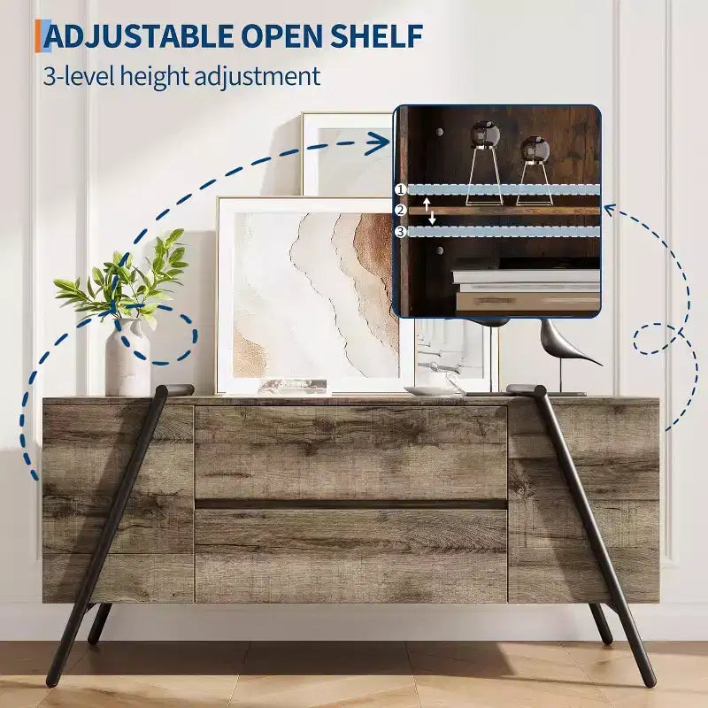 47 in TV Stand for 50-65 in TVs, Entertainment Center with 2 Drawers, Adjustable Shelves & U-Shaped Metal Legs, Modern Wooden TV Console