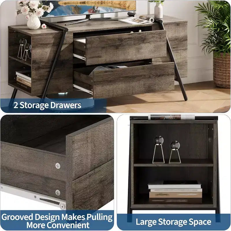 47 in TV Stand for 50-65 in TVs, Entertainment Center with 2 Drawers, Adjustable Shelves & U-Shaped Metal Legs, Modern Wooden TV Console
