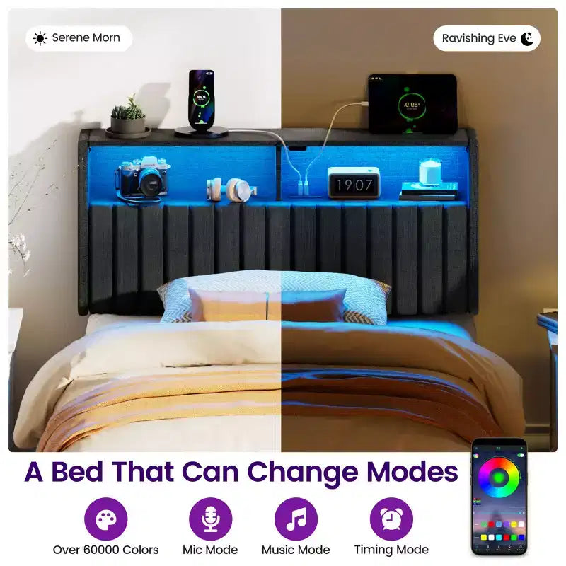 Greenstell Upholstered Headboard for Bed Frame, with Charging Station & LED Light, Height Adjustable, Gray