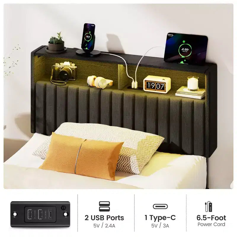 Greenstell Upholstered Headboard for Bed Frame, with Charging Station & LED Light, Height Adjustable, Gray