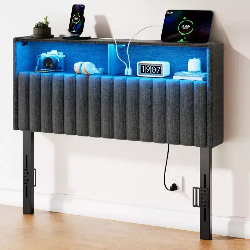 Greenstell Upholstered Headboard for Bed Frame, with Charging Station & LED Light, Height Adjustable, Gray