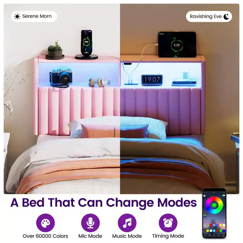 Greenstell Upholstered Headboard for Bed Frame, with Charging Station & LED Light, Height Adjustable, Gray