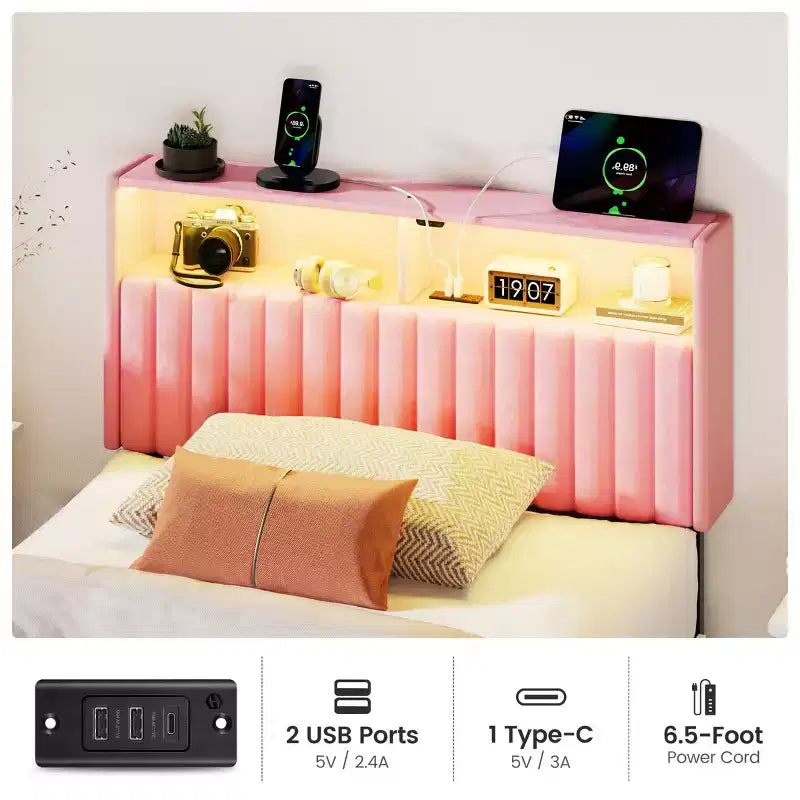 Greenstell Upholstered Headboard for Bed Frame, with Charging Station & LED Light, Height Adjustable, Gray
