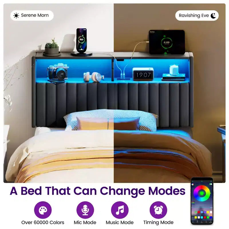 Greenstell Upholstered Headboard for Bed Frame, with Charging Station & LED Light, Height Adjustable, Gray