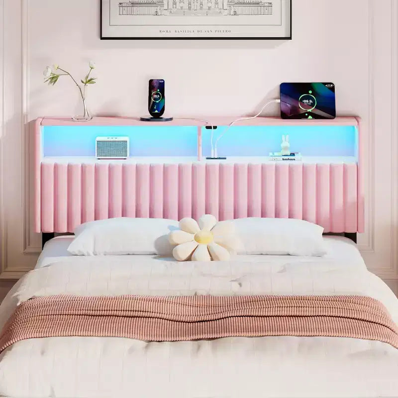 Greenstell Upholstered Headboard for Bed Frame, with Charging Station & LED Light, Height Adjustable, Gray