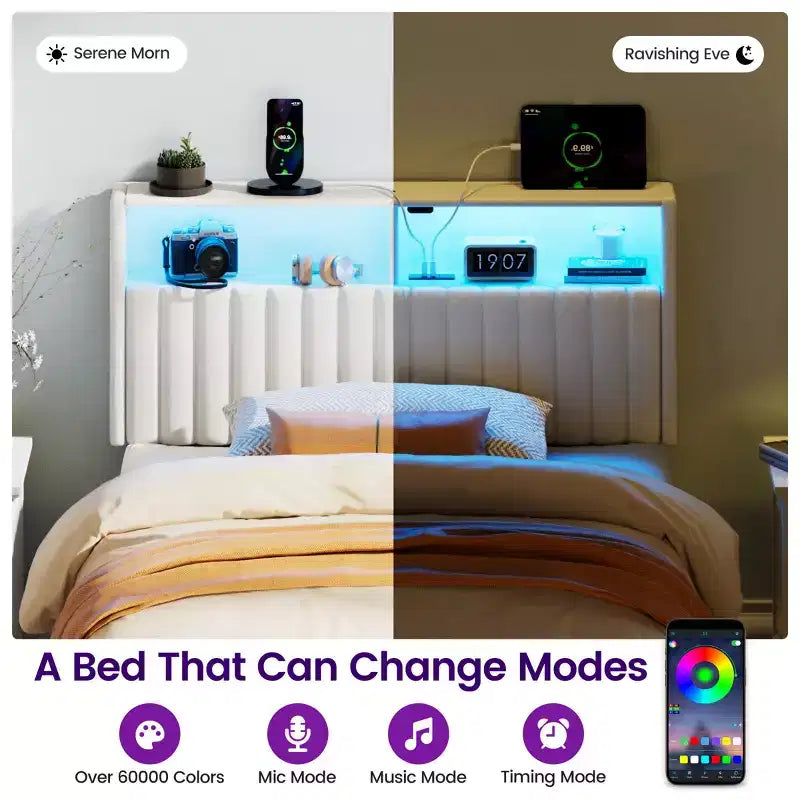 Greenstell Upholstered Headboard for Bed Frame, with Charging Station & LED Light, Height Adjustable, Gray