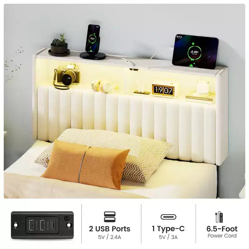 Greenstell Upholstered Headboard for Bed Frame, with Charging Station & LED Light, Height Adjustable, Gray