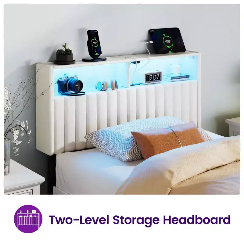Greenstell Upholstered Headboard for Bed Frame, with Charging Station & LED Light, Height Adjustable, Gray