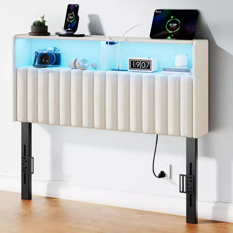 Greenstell Upholstered Headboard for Bed Frame, with Charging Station & LED Light, Height Adjustable, Gray