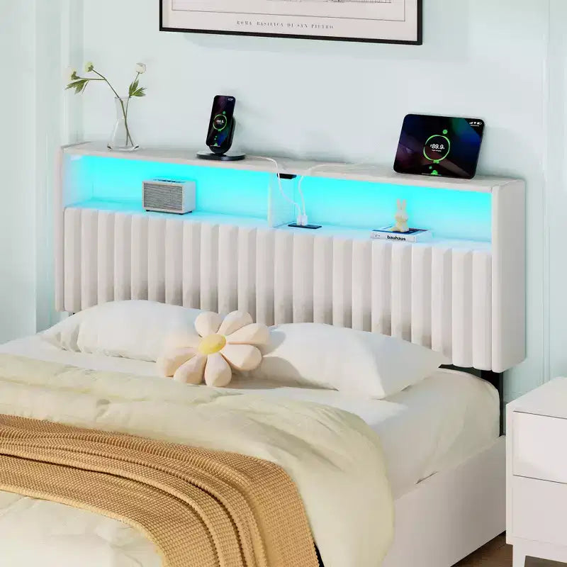 Greenstell Upholstered Headboard for Bed Frame, with Charging Station & LED Light, Height Adjustable, Gray