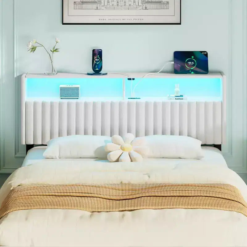 Greenstell Upholstered Headboard for Bed Frame, with Charging Station & LED Light, Height Adjustable, Gray