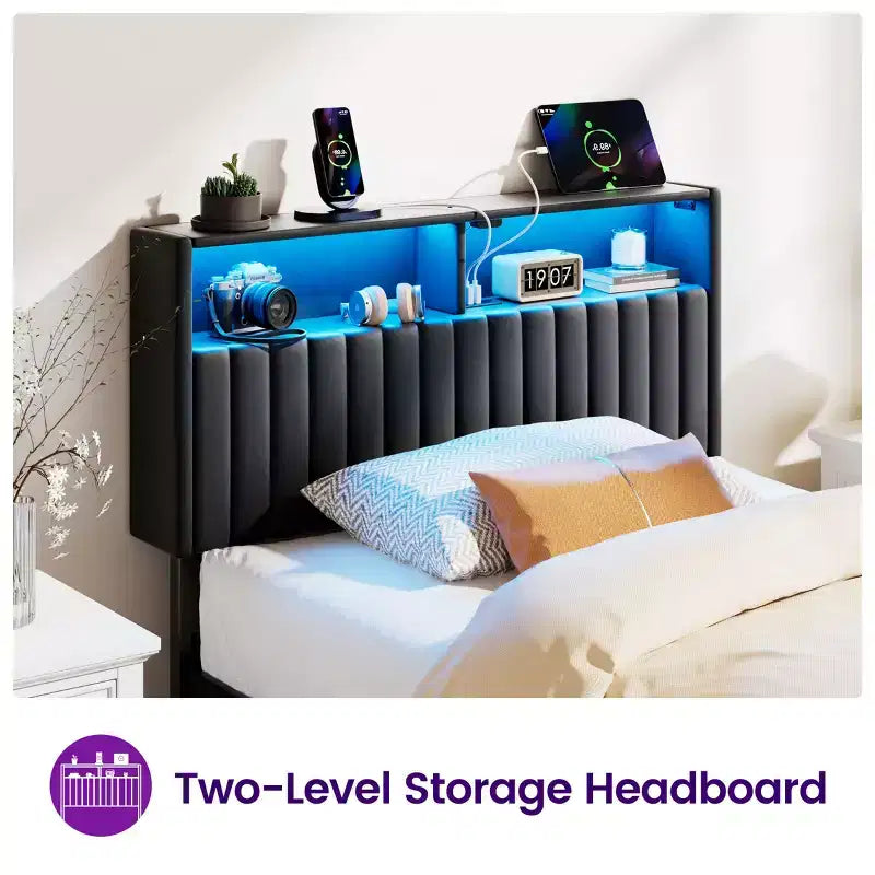 Greenstell Upholstered Headboard for Bed Frame, with Charging Station & LED Light, Height Adjustable, Gray