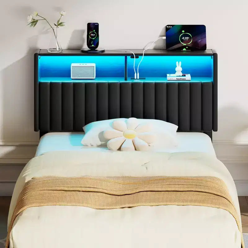 Greenstell Upholstered Headboard for Bed Frame, with Charging Station & LED Light, Height Adjustable, Gray