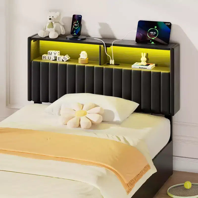 Greenstell Upholstered Headboard for Bed Frame, with Charging Station & LED Light, Height Adjustable, Gray