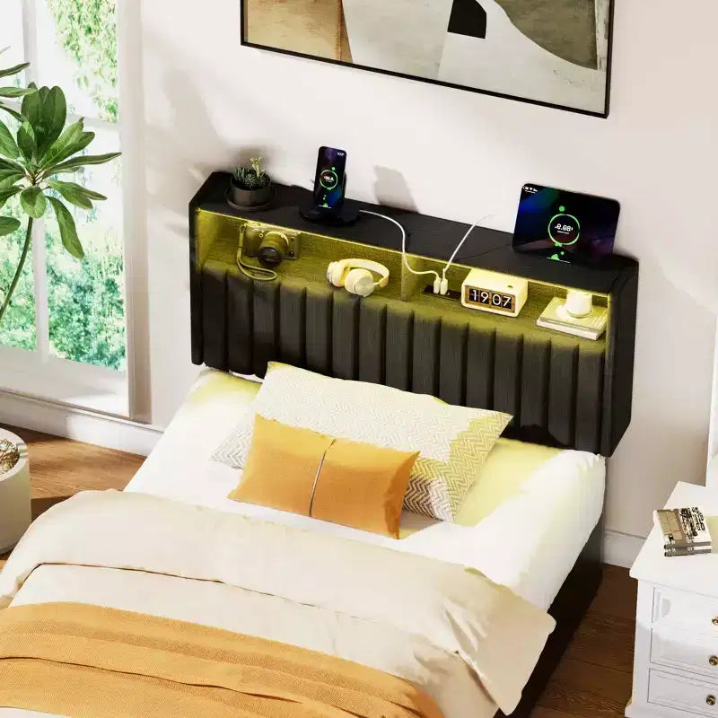 Greenstell Upholstered Headboard for Bed Frame, with Charging Station & LED Light, Height Adjustable, Gray