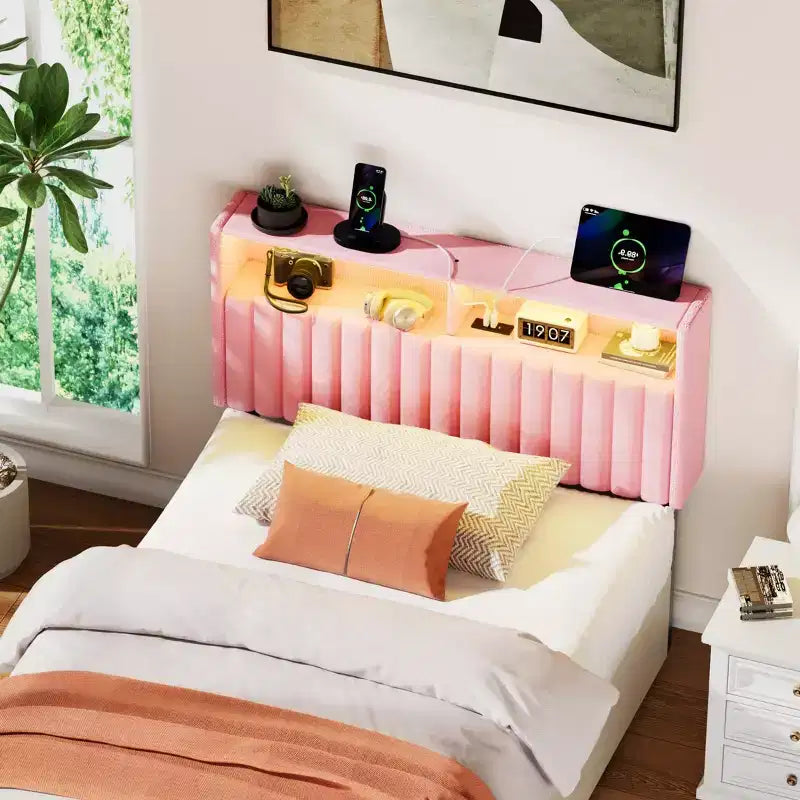 Greenstell Upholstered Headboard for Bed Frame, with Charging Station & LED Light, Height Adjustable, Gray