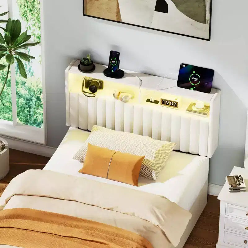 Greenstell Upholstered Headboard for Bed Frame, with Charging Station & LED Light, Height Adjustable, Gray