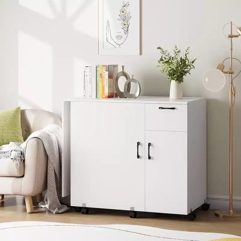 Sewing Table with Storage, Folding Craft Table with Lockable Wheels and Sliding Drawer