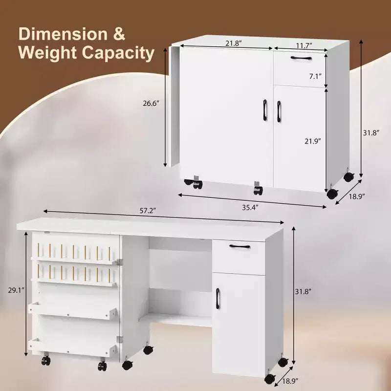 Sewing Table with Storage, Folding Craft Table with Lockable Wheels and Sliding Drawer