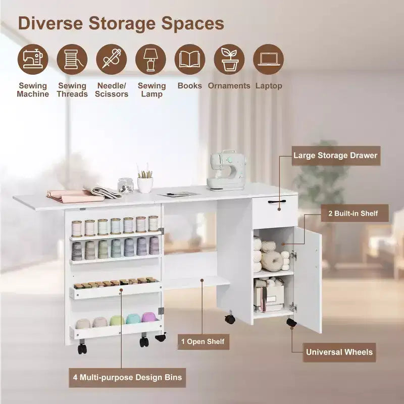 Sewing Table with Storage, Folding Craft Table with Lockable Wheels and Sliding Drawer