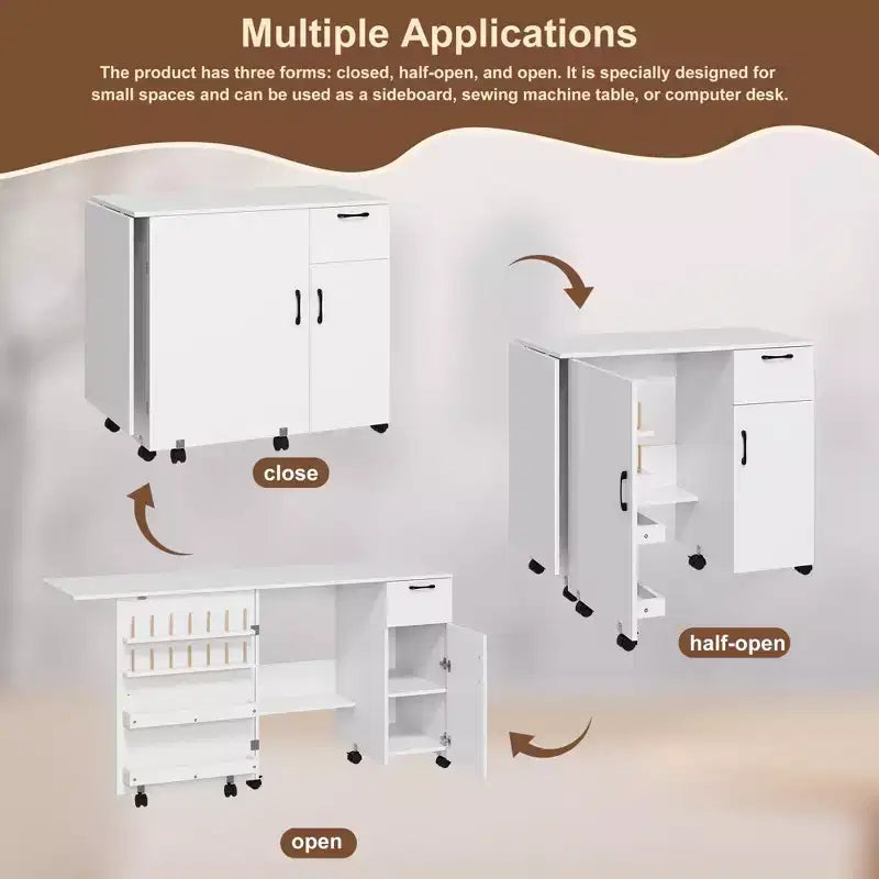 Sewing Table with Storage, Folding Craft Table with Lockable Wheels and Sliding Drawer