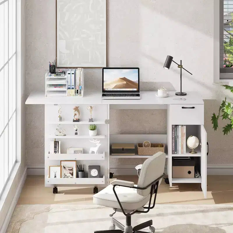 Sewing Table with Storage, Folding Craft Table with Lockable Wheels and Sliding Drawer