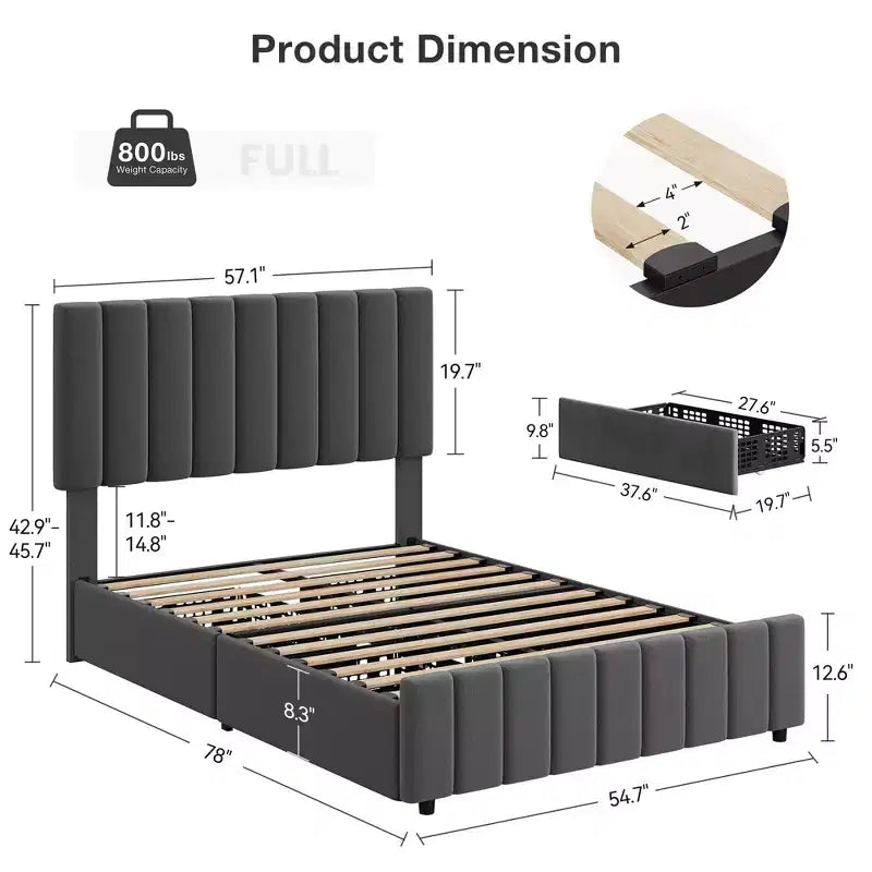 Linen Upholstered Bed Frame with 4 Storage Drawers, Adjustable Headboard, Sturdy Wooden Slats, No Box Spring Required