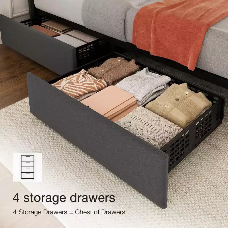 Linen Upholstered Bed Frame with 4 Storage Drawers, Adjustable Headboard, Sturdy Wooden Slats, No Box Spring Required