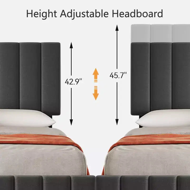 Linen Upholstered Bed Frame with 4 Storage Drawers, Adjustable Headboard, Sturdy Wooden Slats, No Box Spring Required