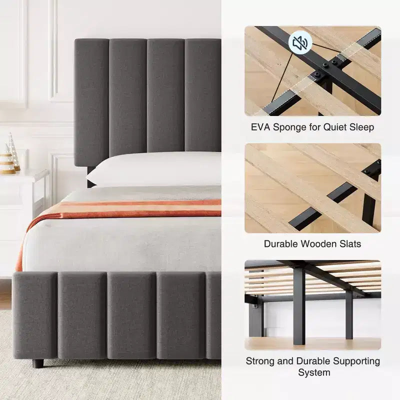 Linen Upholstered Bed Frame with 4 Storage Drawers, Adjustable Headboard, Sturdy Wooden Slats, No Box Spring Required