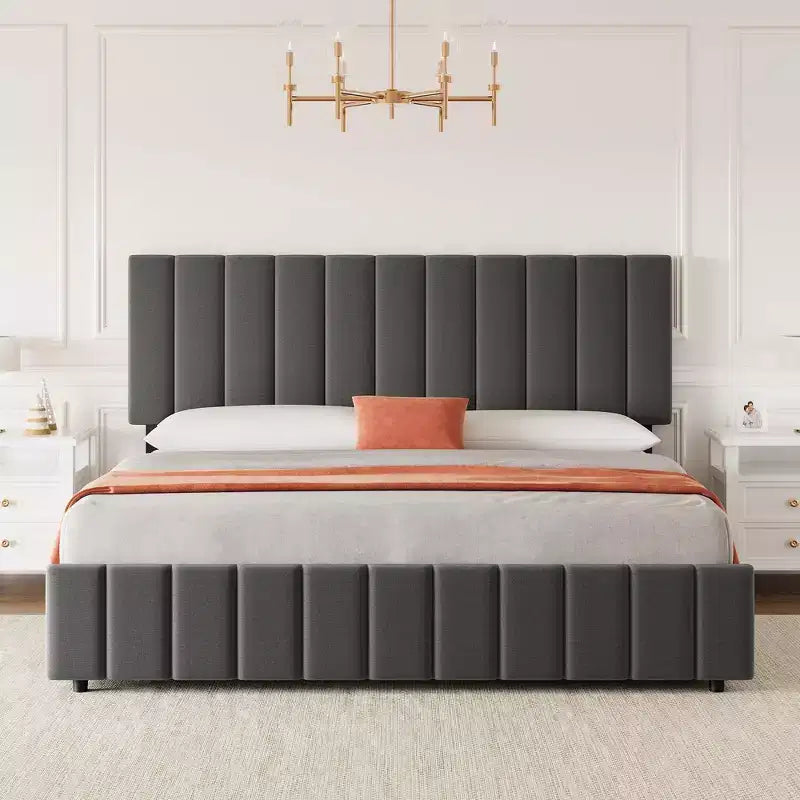 Linen Upholstered Bed Frame with 4 Storage Drawers, Adjustable Headboard, Sturdy Wooden Slats, No Box Spring Required