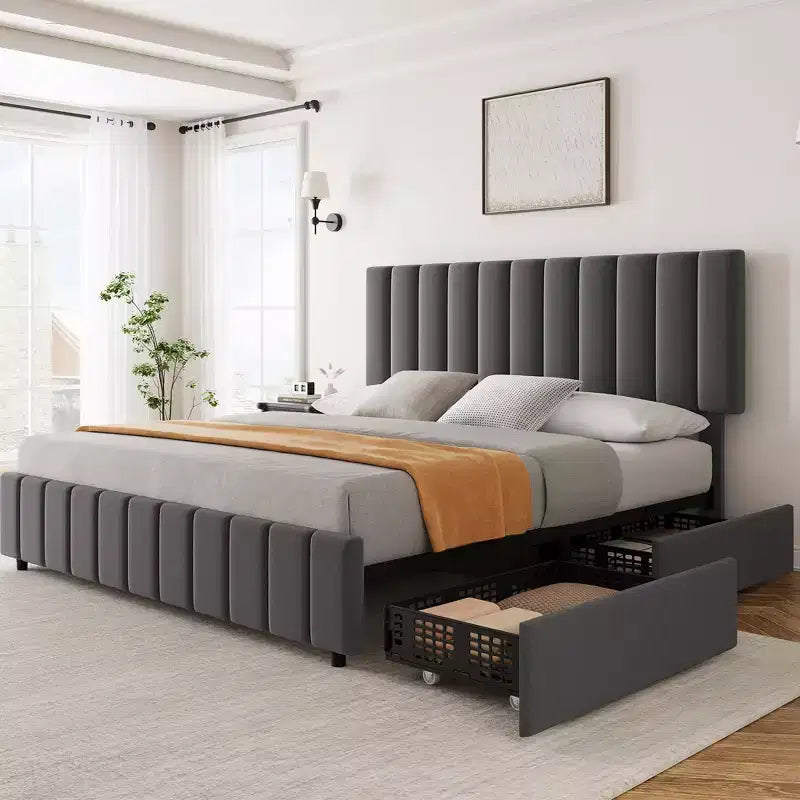 Linen Upholstered Bed Frame with 4 Storage Drawers, Adjustable Headboard, Sturdy Wooden Slats, No Box Spring Required