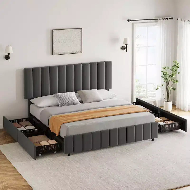 Linen Upholstered Bed Frame with 4 Storage Drawers, Adjustable Headboard, Sturdy Wooden Slats, No Box Spring Required
