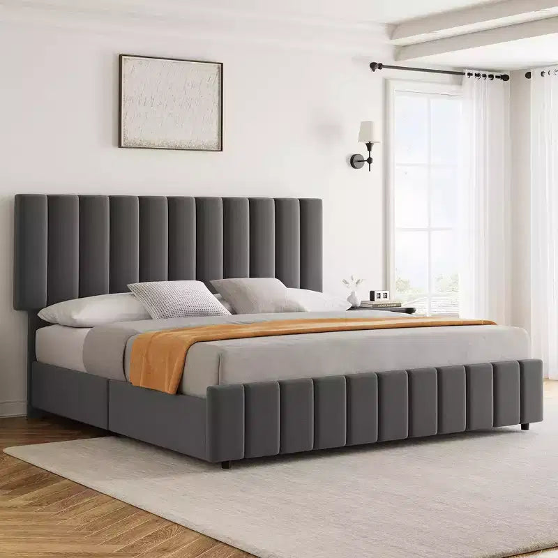 Linen Upholstered Bed Frame with 4 Storage Drawers, Adjustable Headboard, Sturdy Wooden Slats, No Box Spring Required