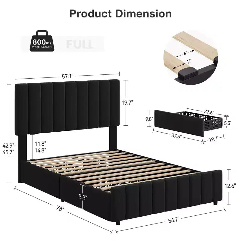 Linen Upholstered Bed Frame with 4 Storage Drawers, Adjustable Headboard, Sturdy Wooden Slats, No Box Spring Required