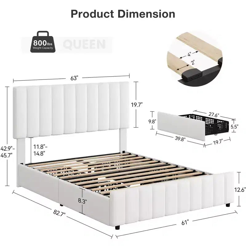 Linen Upholstered Bed Frame with 4 Storage Drawers, Adjustable Headboard, Sturdy Wooden Slats, No Box Spring Required