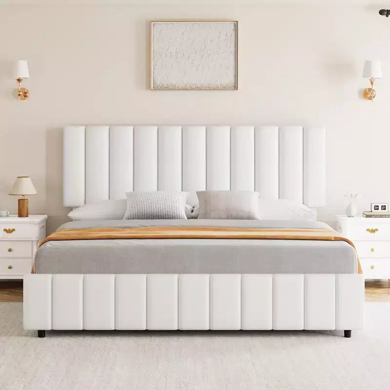 Linen Upholstered Bed Frame with 4 Storage Drawers, Adjustable Headboard, Sturdy Wooden Slats, No Box Spring Required