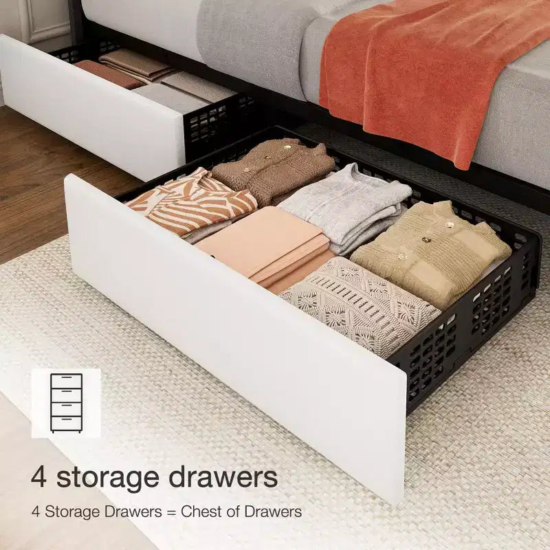 Linen Upholstered Bed Frame with 4 Storage Drawers, Adjustable Headboard, Sturdy Wooden Slats, No Box Spring Required