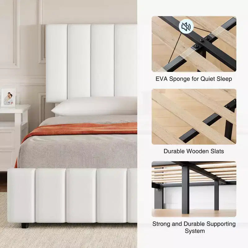 Linen Upholstered Bed Frame with 4 Storage Drawers, Adjustable Headboard, Sturdy Wooden Slats, No Box Spring Required