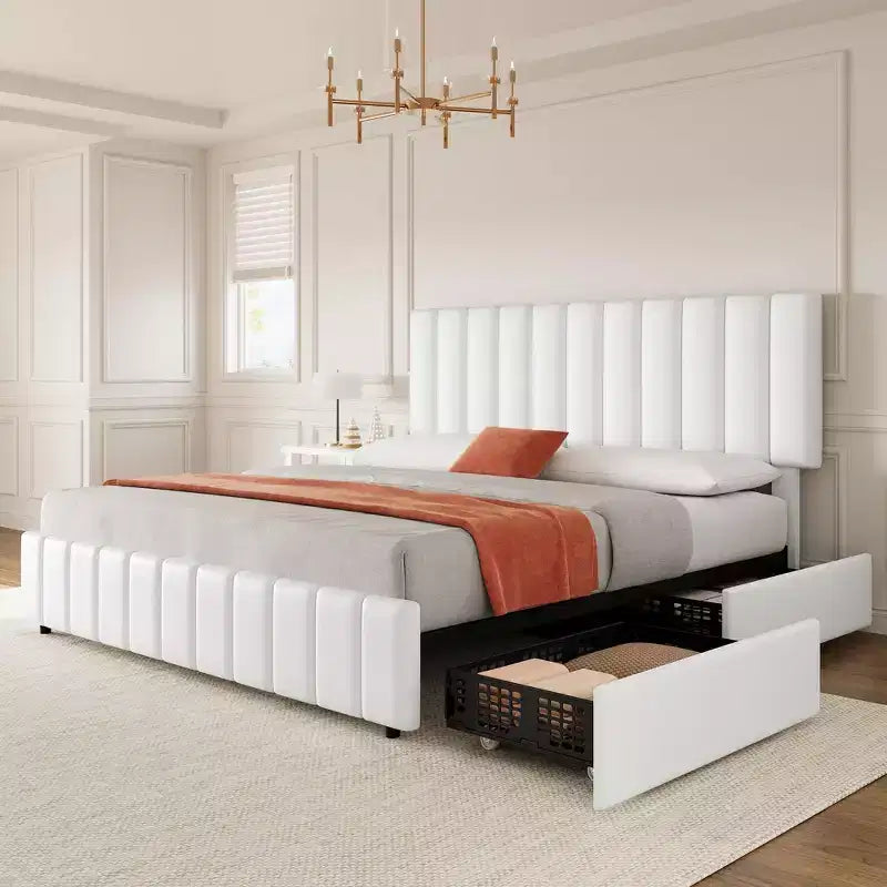 Linen Upholstered Bed Frame with 4 Storage Drawers, Adjustable Headboard, Sturdy Wooden Slats, No Box Spring Required