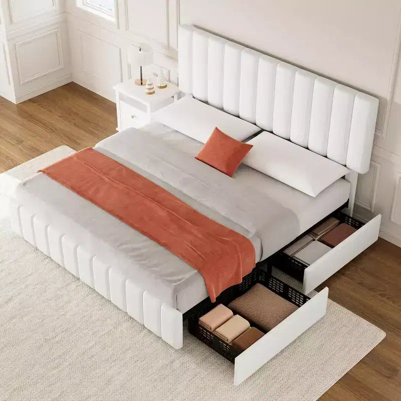 Linen Upholstered Bed Frame with 4 Storage Drawers, Adjustable Headboard, Sturdy Wooden Slats, No Box Spring Required